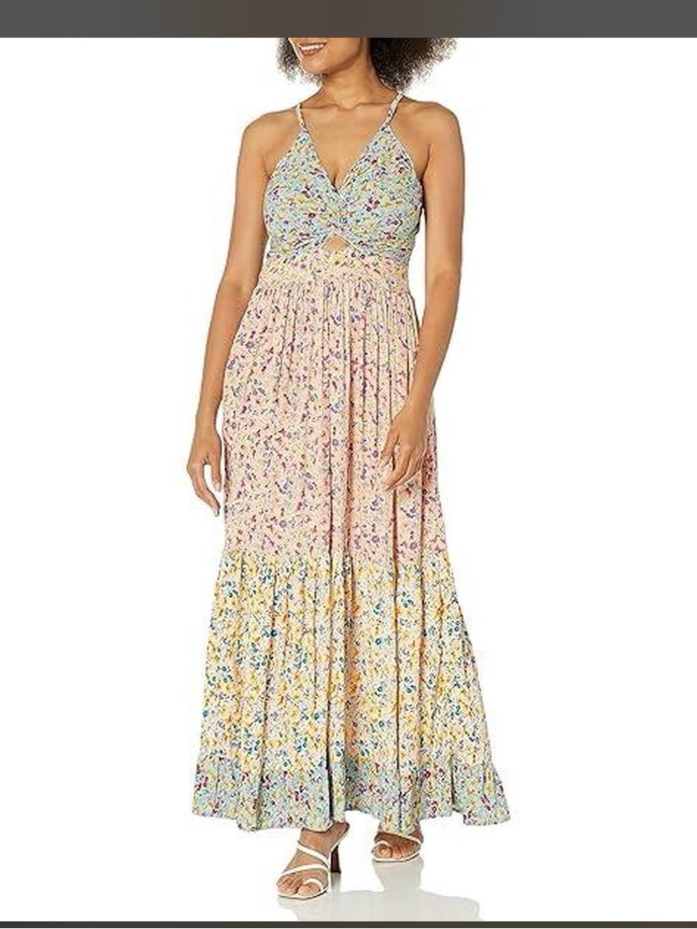 Angie Pastel Floral Tiered Maxi Dress — Pink, Yellow, Blue